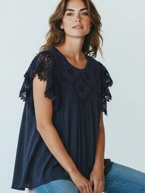 Crown & Ivy Lace Flutter Sleeve Navy Top